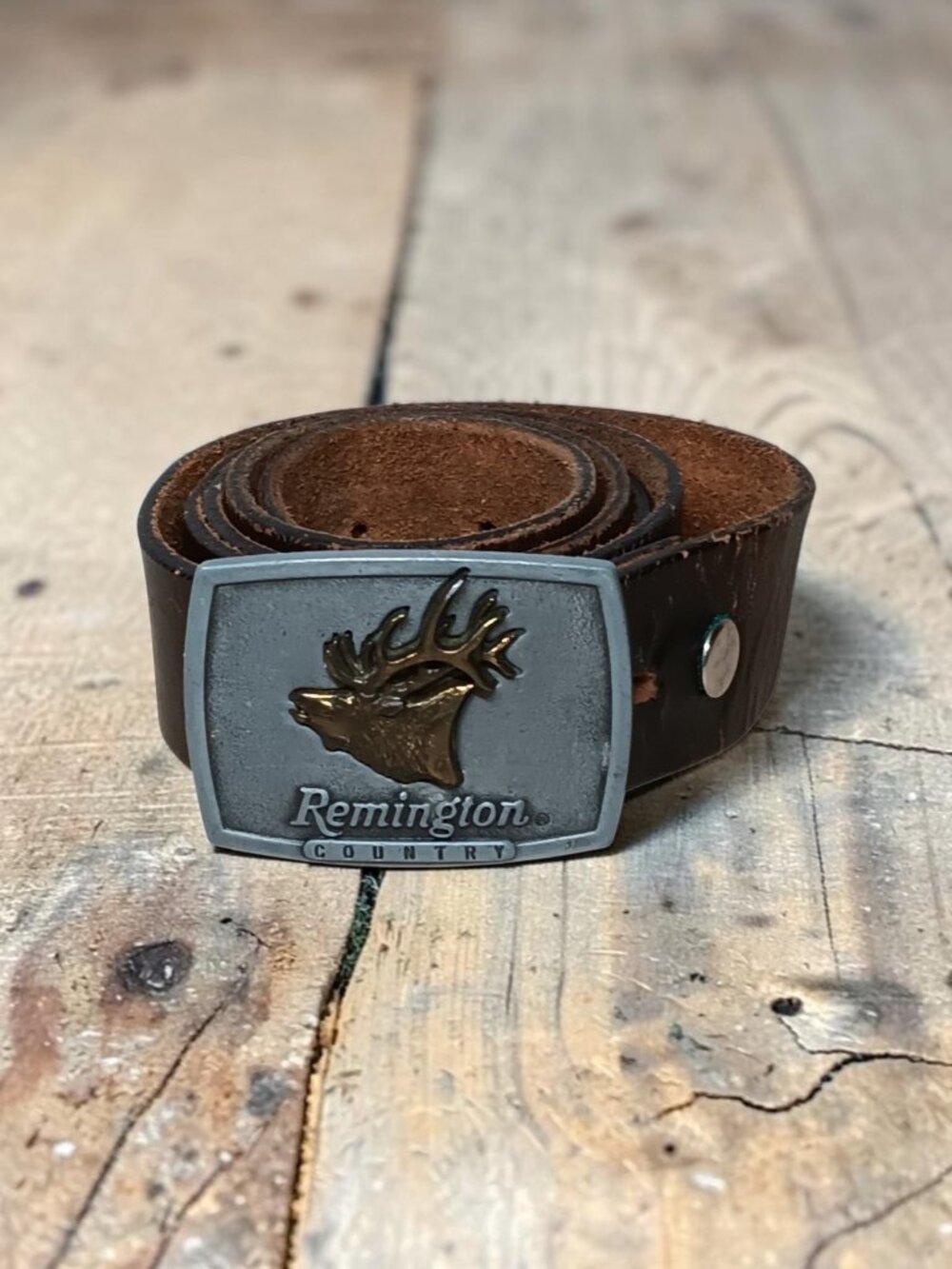 Mens Brown Leather Belt USA Made with Remington Country Bugling Elk Buckle 1986